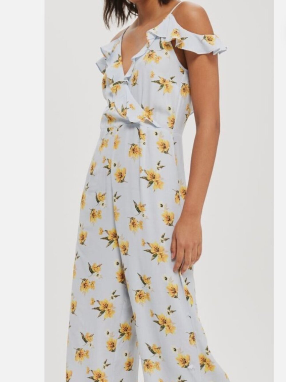 Topshop Blue Yellow Floral Ruffle Wrap Wide Leg Jumpsuit Size US 4 / UK 8